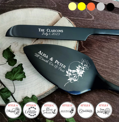 Personalized Black Wedding Cake Serving Set: Gothic Halloween Skeletons Knife