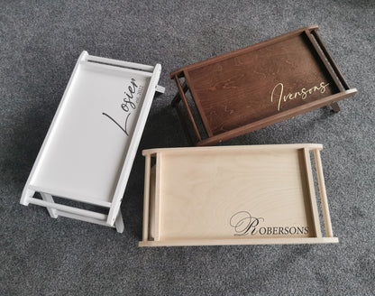 Personalized Wooden Bed Tray Table: Custom Engraved Lap Desk with Folding Legs