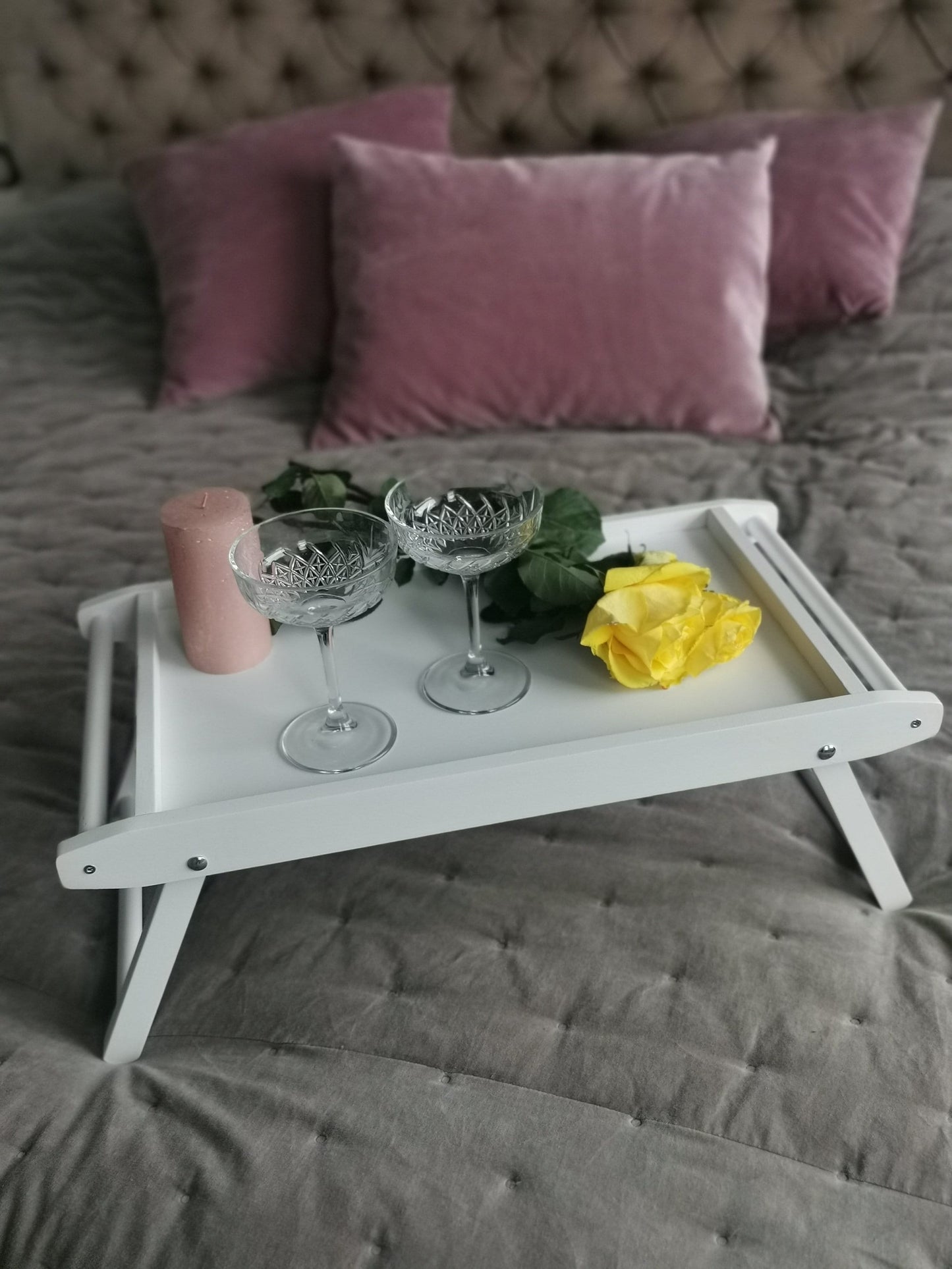 Personalized Breakfast Tray with Legs, Wooden Folding Laptop Desk with Engraved Name, Logo, Adjustable Bed Tray Table for Morning Coffee