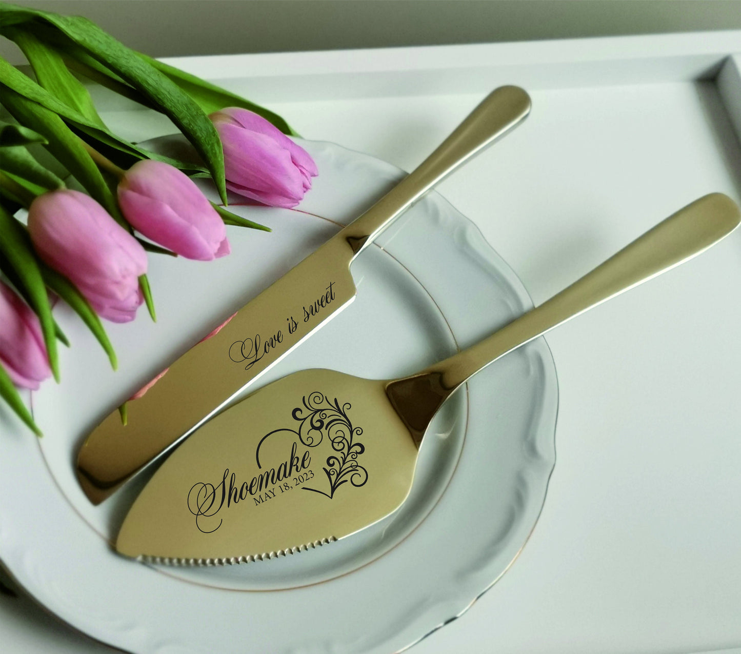 Personalized Black Wedding Cake Serving Set: Gothic Halloween Skeletons Knife