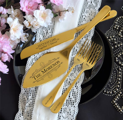 Custom Wedding Cake Cutting Serving Set for Her Him: Engraved Server Knife & Forks, Elegant Flatware Gift for Bridal Shower US TAXES PAID