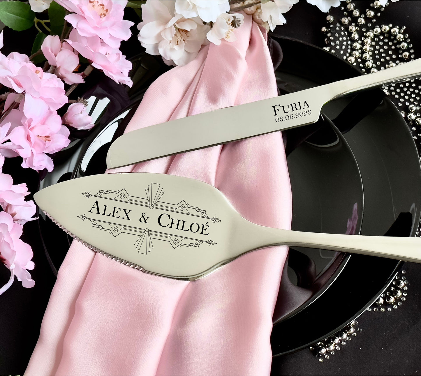 Custom Wedding Cake Cutting Serving Set for Her Him: Engraved Server Knife & Forks, Elegant Flatware Gift for Bridal Shower US TAXES PAID
