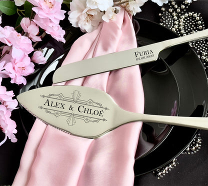 Custom Wedding Cake Cutting Serving Set for Her Him: Engraved Server Knife & Forks, Elegant Flatware Gift for Bridal Shower US TAXES PAID