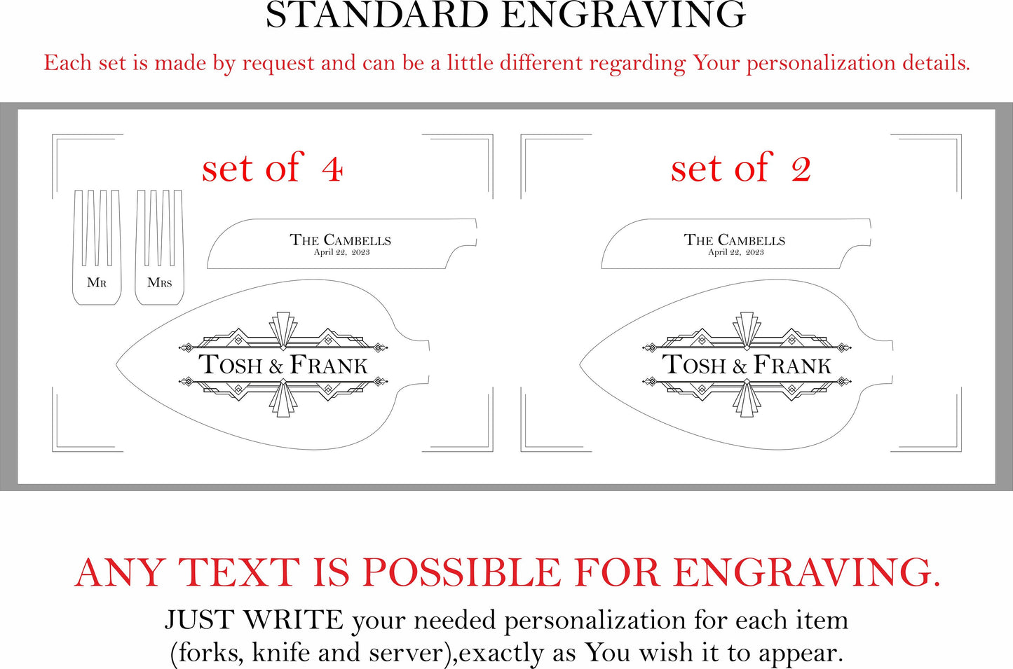 Custom Wedding Cake Cutting Serving Set for Her Him: Engraved Server Knife & Forks, Elegant Flatware Gift for Bridal Shower US TAXES PAID