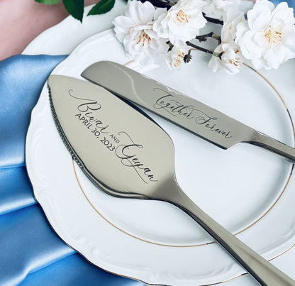 Personalized New Family Keepsake for Wedding Anniversary or Bridal Shower: Black Cake Serving Set Gift with Custom Logo, Unique Cutlery Kit