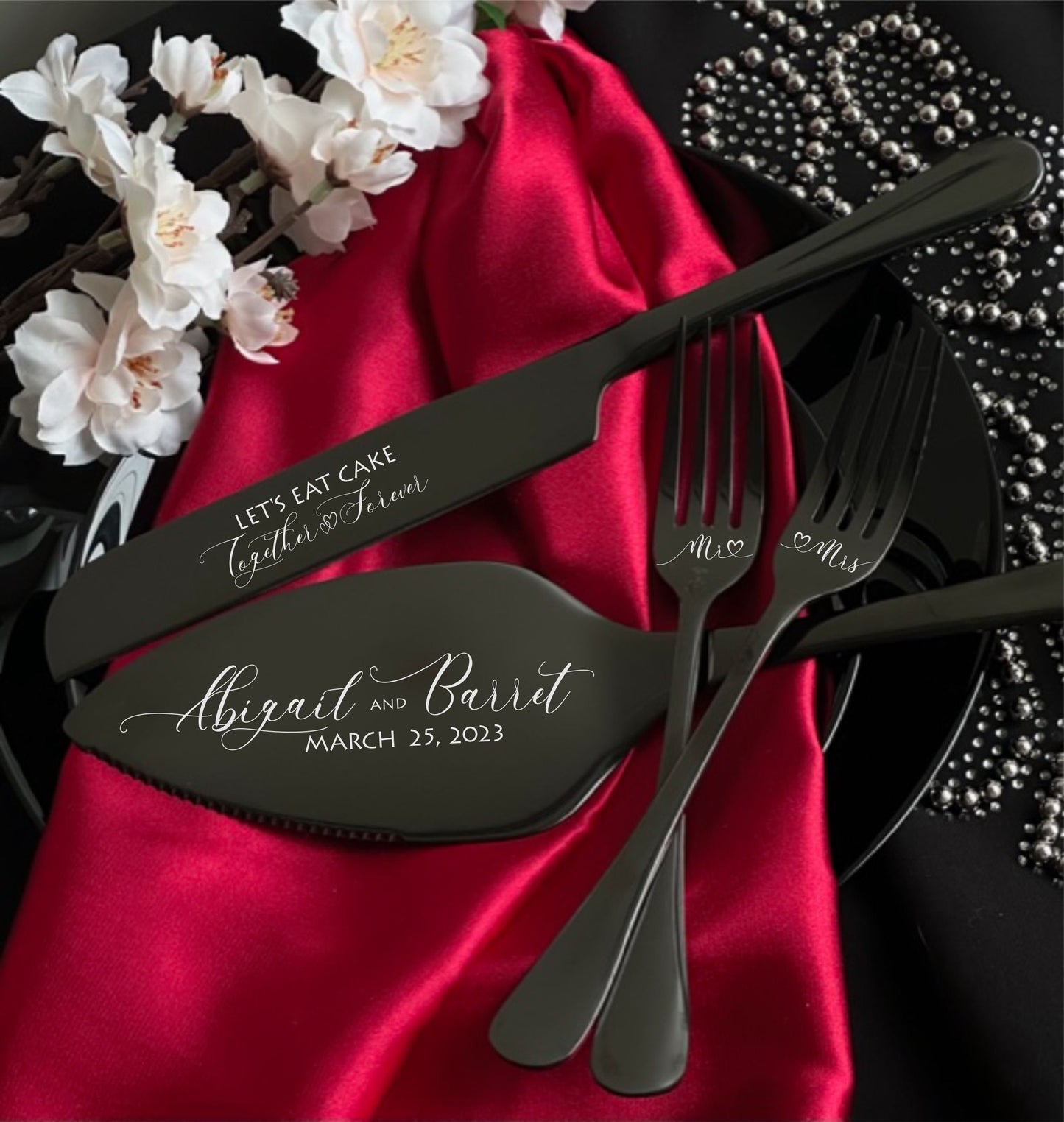 Personalized New Family Keepsake for Wedding Anniversary or Bridal Shower: Black Cake Serving Set Gift with Custom Logo, Unique Cutlery Kit