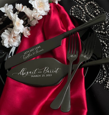 Personalized New Family Keepsake for Wedding Anniversary or Bridal Shower: Black Cake Serving Set Gift with Custom Logo, Unique Cutlery Kit