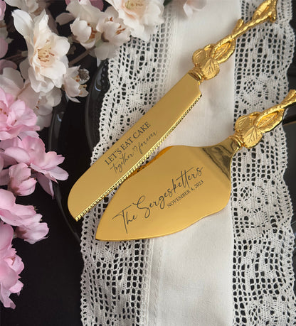 Personalized Gold Wedding Cake Serving Set: Engraved Knife & Server Keepsake