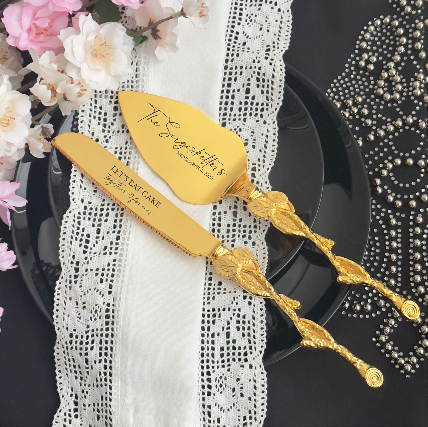 Personalized Gold Wedding Cake Serving Set: Engraved Knife & Server Keepsake