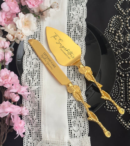Personalized Gold Wedding Cake Serving Set: Engraved Knife & Server Keepsake