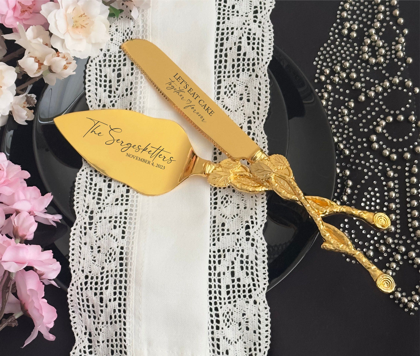 Personalized Gold Wedding Cake Serving Set: Engraved Knife & Server Keepsake