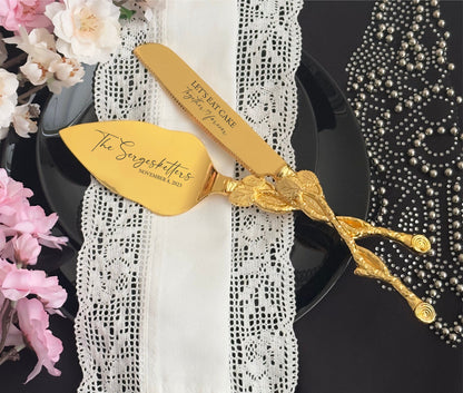 Personalized Gold Wedding Cake Serving Set: Engraved Knife & Server Keepsake