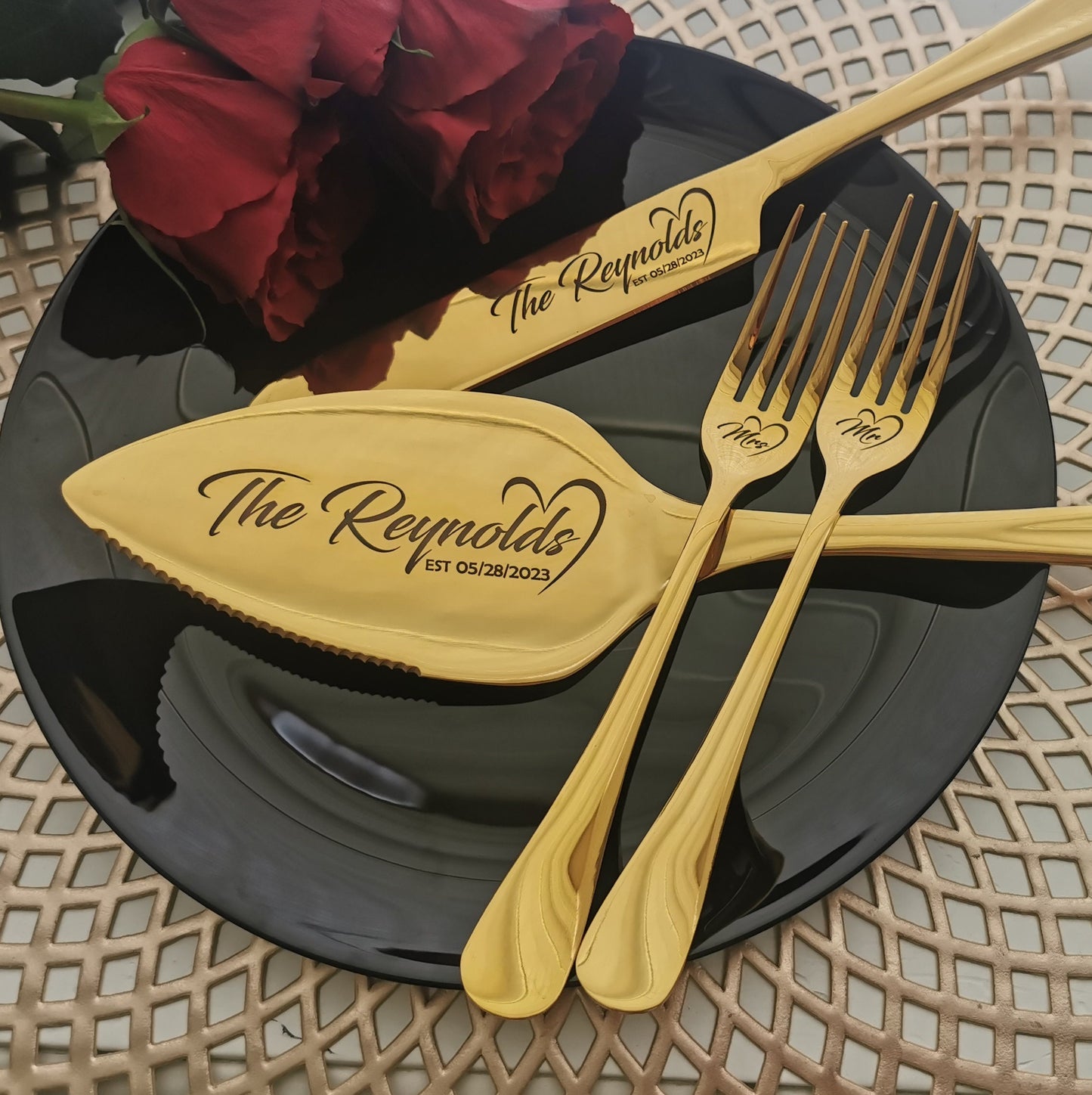 Engraved Cake Serving Set of Knife, Server & Forks: Personalized Must-Have Gift for Wedding Anniversary Bridal Shower Party, Mr Mrs Keepsake