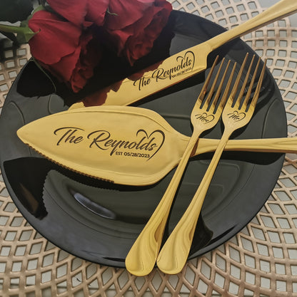Engraved Cake Serving Set of Knife, Server & Forks: Personalized Must-Have Gift for Wedding Anniversary Bridal Shower Party, Mr Mrs Keepsake