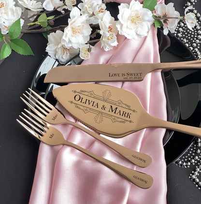 Custom Wedding Cake Cutting Serving Set for Her Him: Engraved Server Knife & Forks, Elegant Flatware Gift for Bridal Shower US TAXES PAID