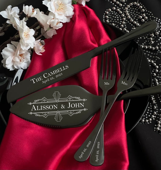 Custom Wedding Cake Cutting Serving Set for Her Him: Engraved Server Knife & Forks, Elegant Flatware Gift for Bridal Shower US TAXES PAID
