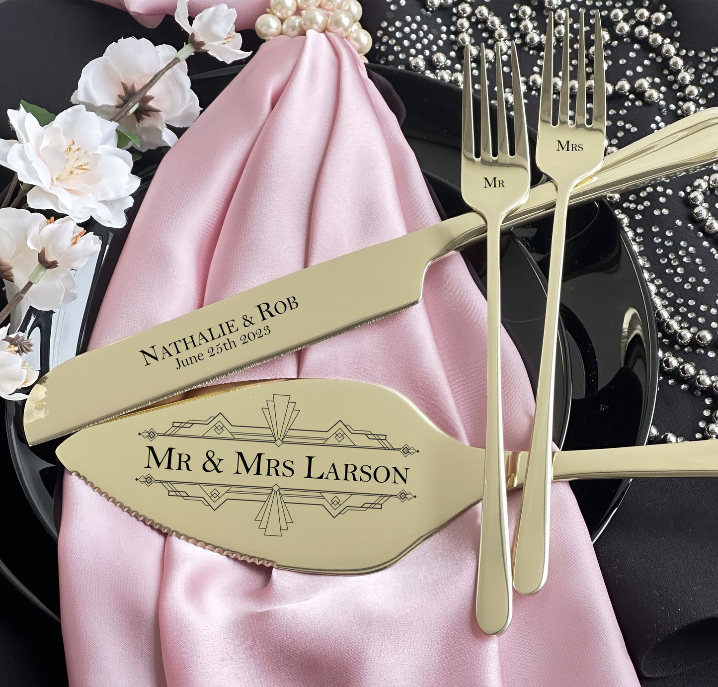 Custom Wedding Cake Cutting Serving Set for Her Him: Engraved Server Knife & Forks, Elegant Flatware Gift for Bridal Shower US TAXES PAID