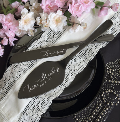 Personalized New Family Keepsake for Wedding Anniversary or Bridal Shower: Black Cake Serving Set Gift with Custom Logo, Unique Cutlery Kit