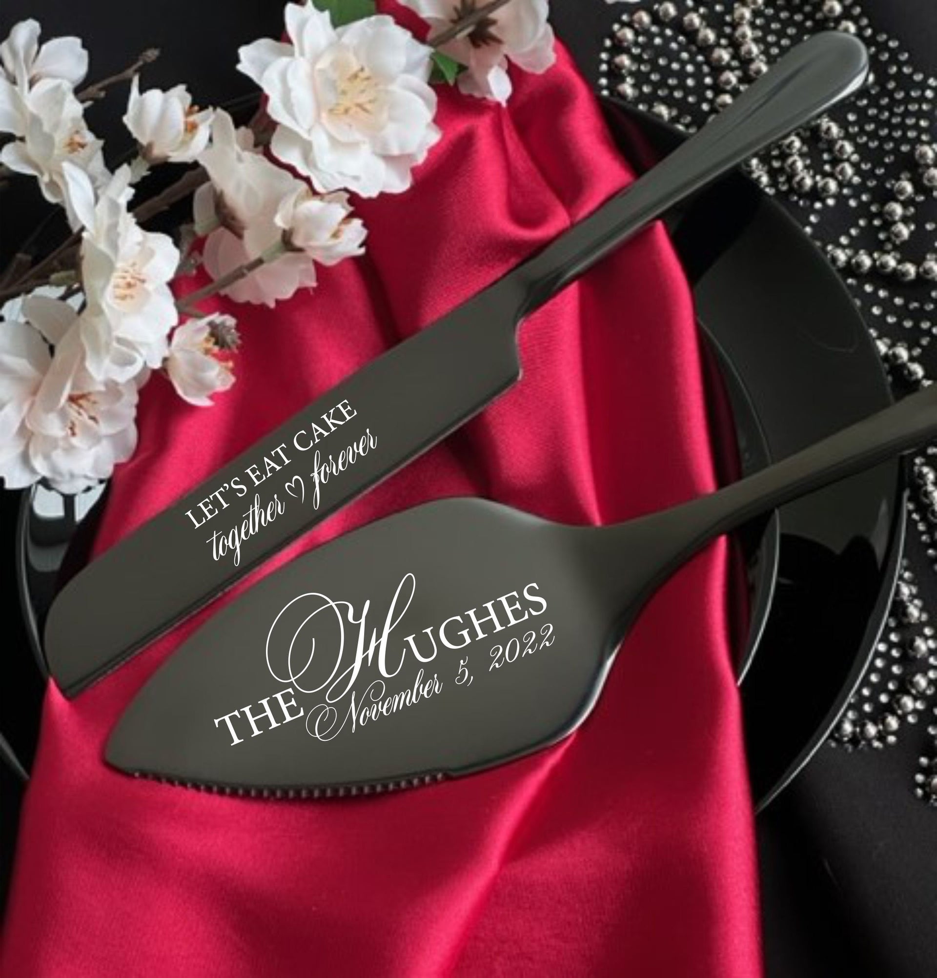 Engraved Wedding Cake Cutting Set: Personalized Stainless Steel Knife & Server - Silver set of 2 / No engraving