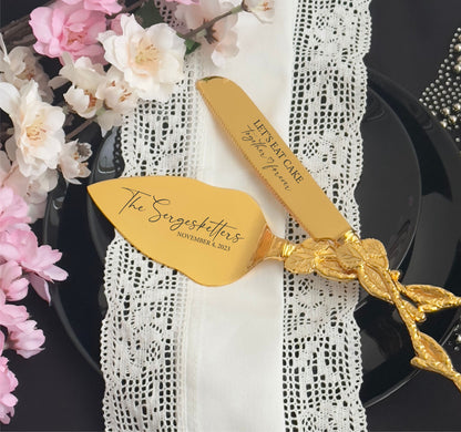 Personalized Gold Wedding Cake Serving Set: Engraved Knife & Server Keepsake