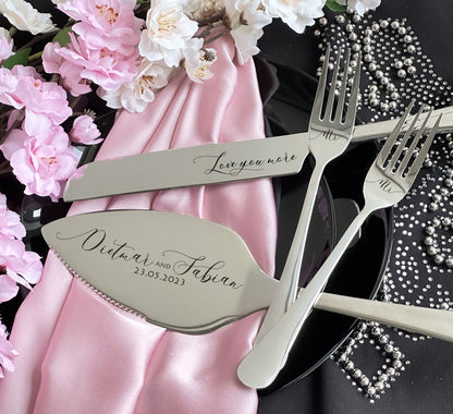 Personalized Wedding Cake Cutting Set for Couple: Engraved Stainless Steel Knife, Server & Forks from Bridesmaid, Bridal Shower Gift