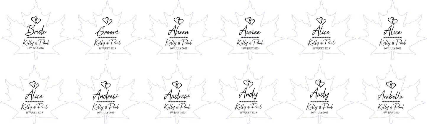 Custom Maple Leaf Wedding Place Cards: Laser Cut Wood Name Tags