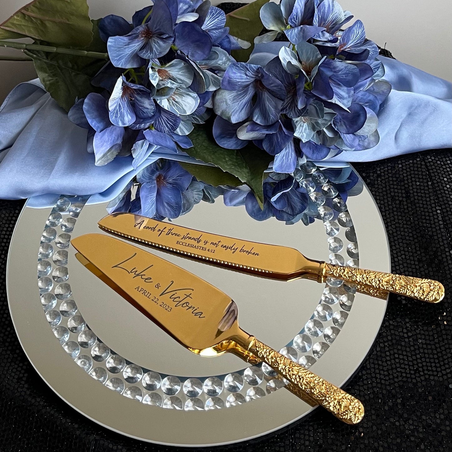 Personalized Gold Wedding Cake Knife and Server Set: Engraved Bridal Gift