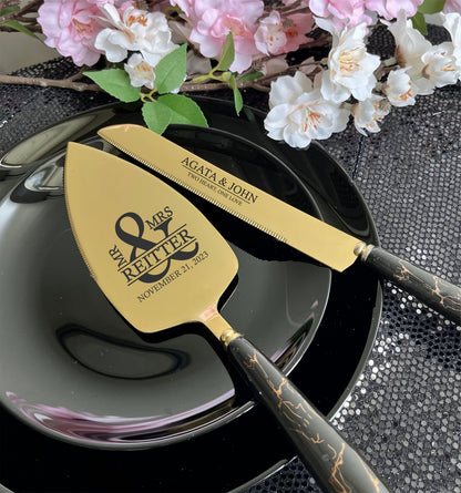 Wedding Knife and Server with Ceramic Handle: Custom Engraved Cake Cutting Set for Table Centerpiece, Bridal Shower, Anniversary Gift