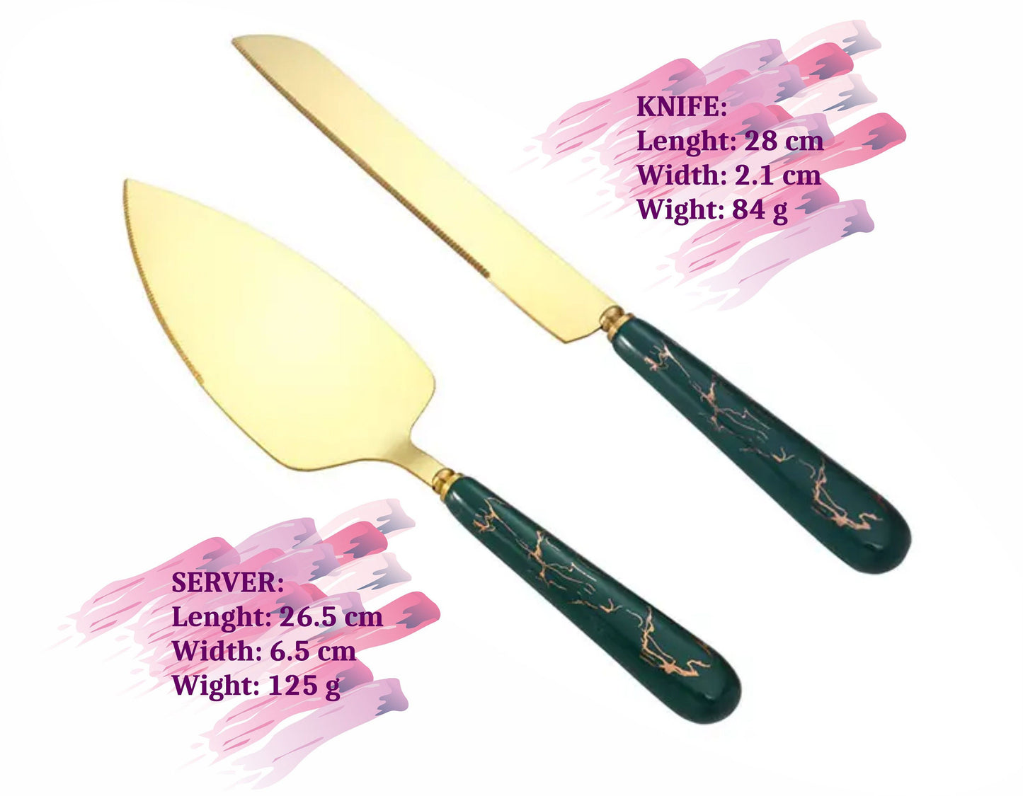 Wedding Knife and Server with Ceramic Handle: Custom Engraved Cake Cutting Set for Table Centerpiece, Bridal Shower, Anniversary Gift