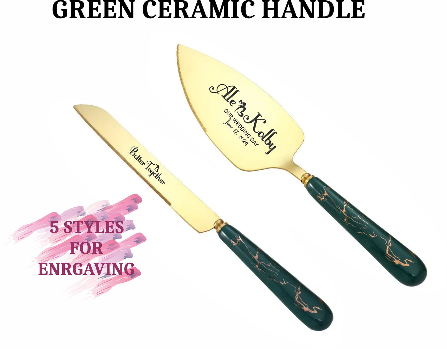 Gold Wedding Cake Serving Set: Personalized Stainless Steel Cutlery with Custom Names, Date for Bride and Groom, Anniversary Keepsake