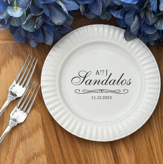Personalized Wedding Cake Forks & Plate Set: Engraved Silver Cutlery, Bridal Shower Gift