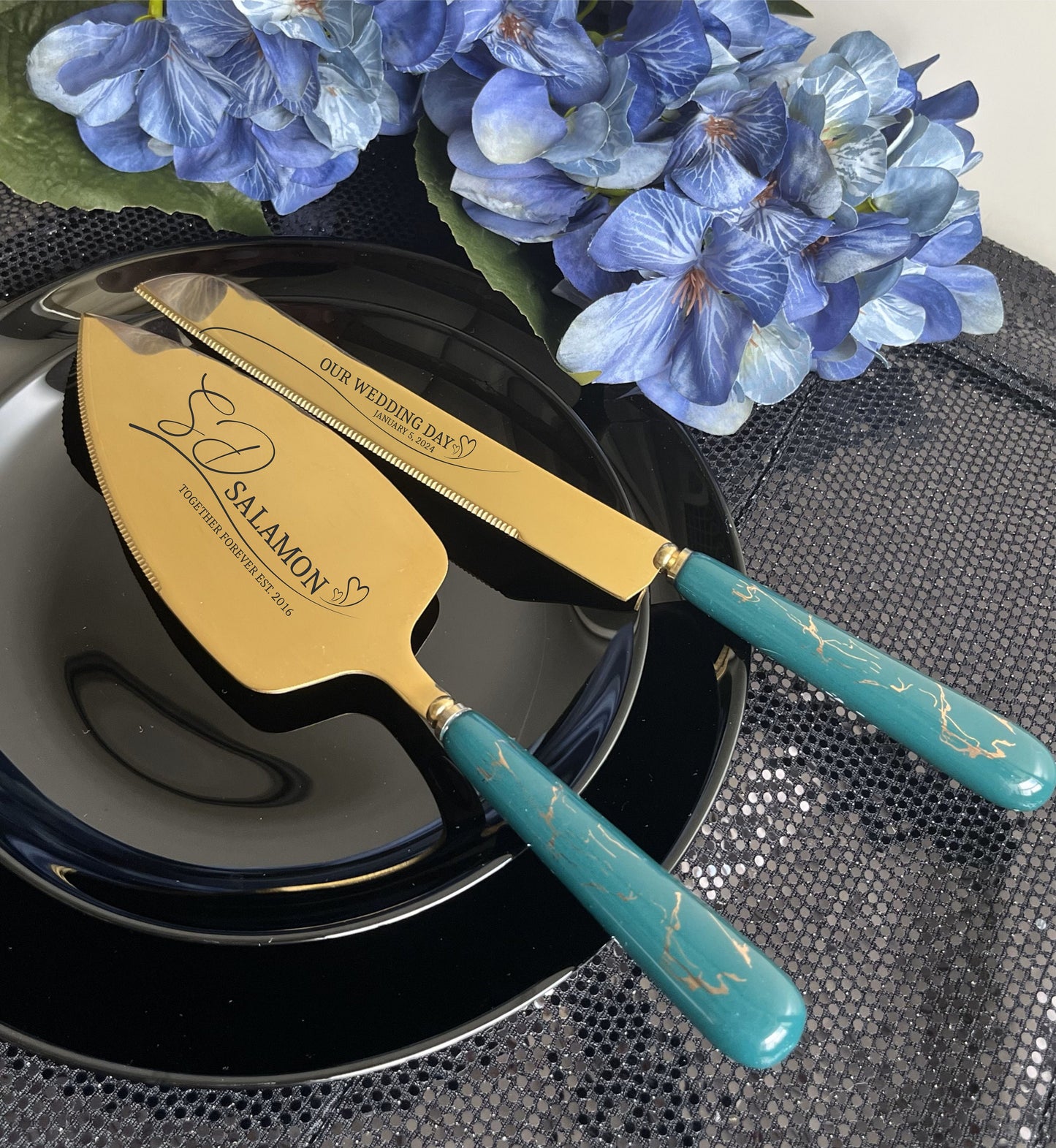 Wedding Knife and Server with Ceramic Handle: Custom Engraved Cake Cutting Set for Table Centerpiece, Bridal Shower, Anniversary Gift