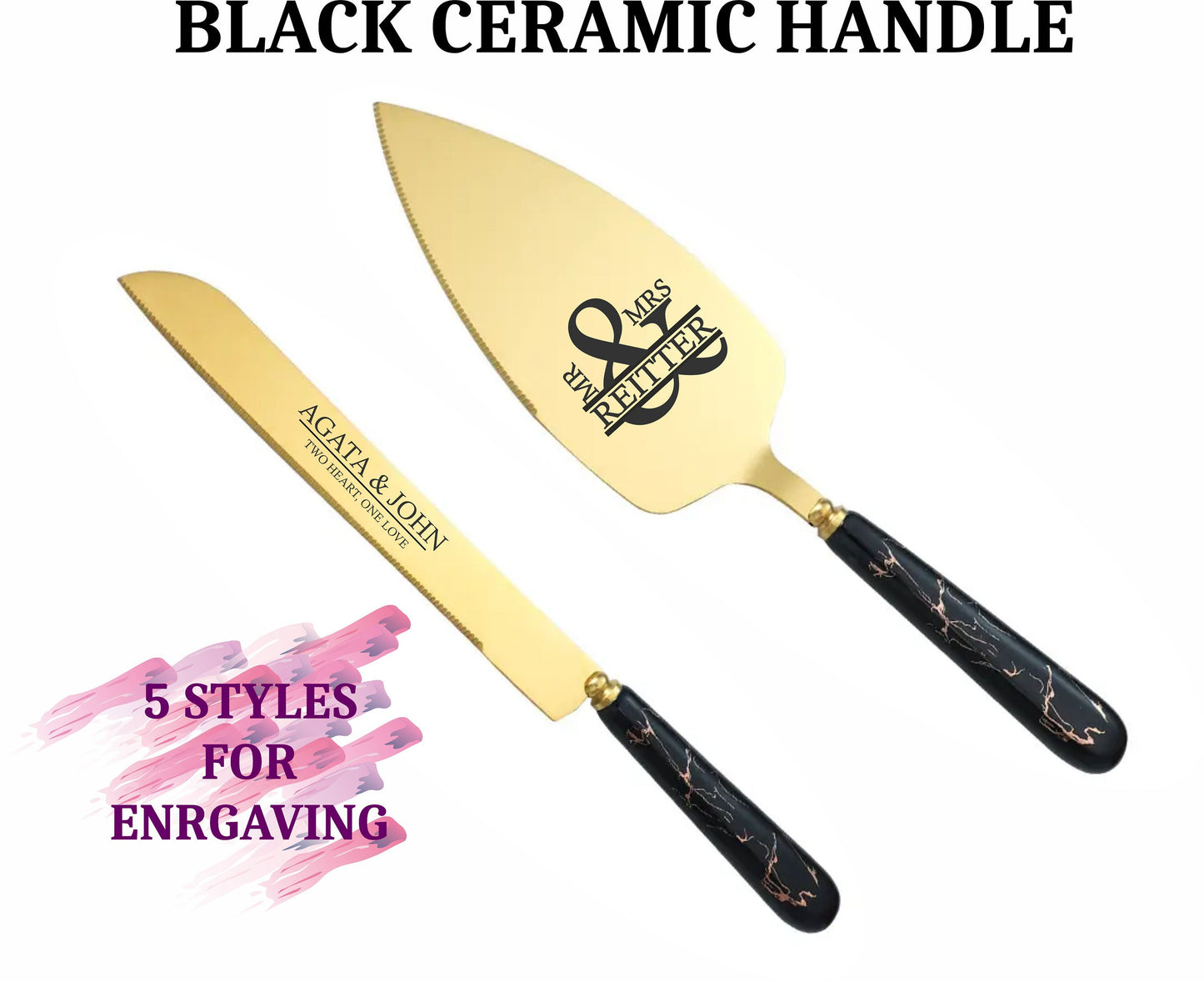 Wedding Knife and Server with Ceramic Handle: Custom Engraved Cake Cutting Set for Table Centerpiece, Bridal Shower, Anniversary Gift