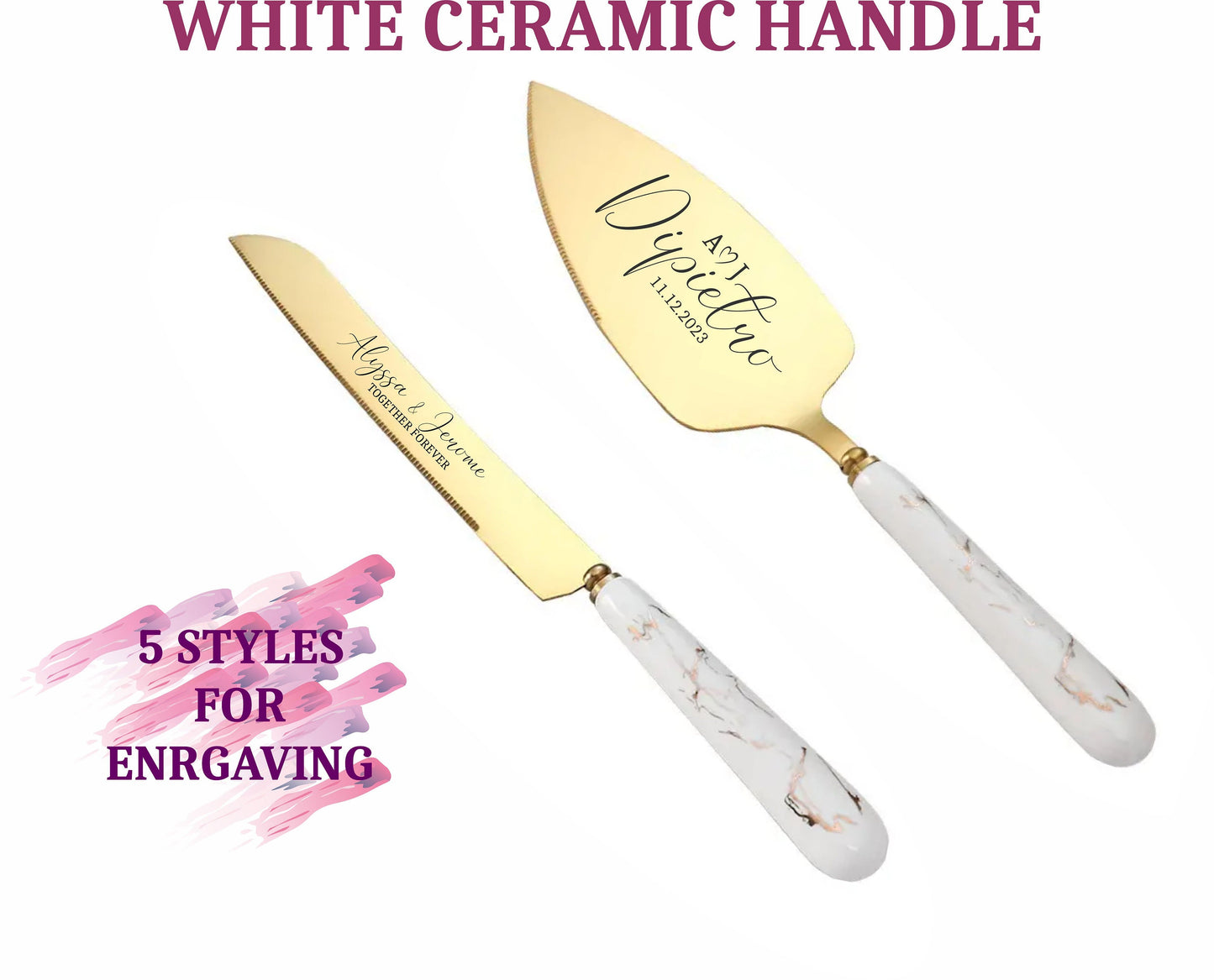 Wedding Knife and Server with Ceramic Handle: Custom Engraved Cake Cutting Set for Table Centerpiece, Bridal Shower, Anniversary Gift