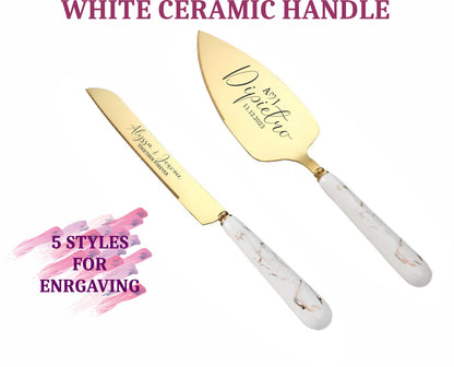 Wedding Knife and Server with Ceramic Handle: Custom Engraved Cake Cutting Set for Table Centerpiece, Bridal Shower, Anniversary Gift