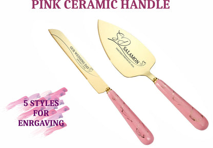 Gold Wedding Cake Serving Set: Personalized Stainless Steel Cutlery with Custom Names, Date for Bride and Groom, Anniversary Keepsake