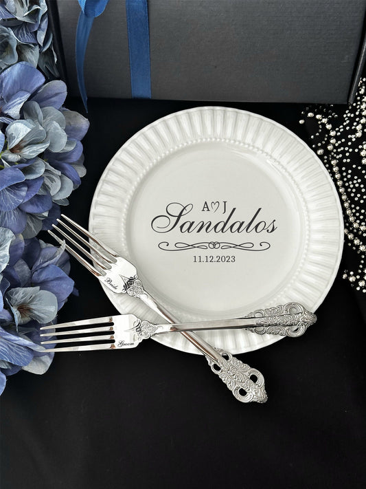 Personalized Wedding Cake Forks & Plate Set: Engraved Silver Cutlery, Bridal Shower Gift