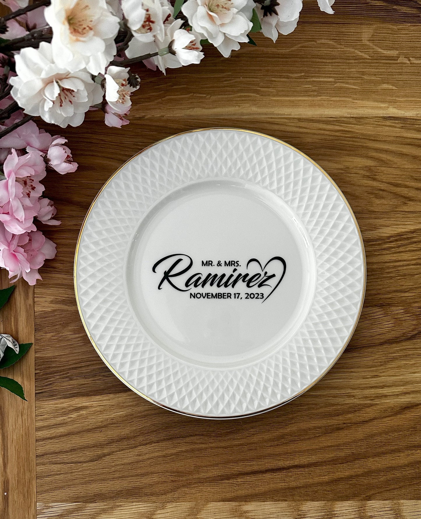 Personalized Porcelain Wedding Plate for Cake Cutting Serving Tasting Ceremony: Elegant Keepsake with Last Name Initials, Date, Mr Mrs Logo