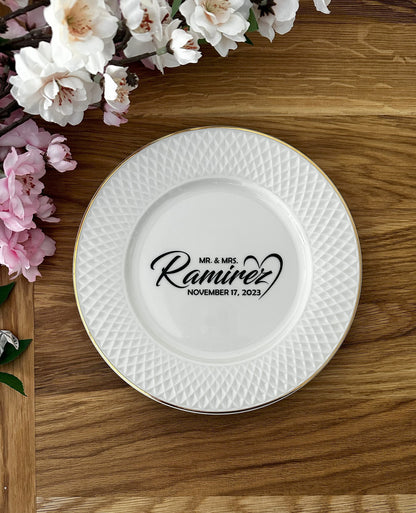 Personalized Porcelain Wedding Plate for Cake Cutting Serving Tasting Ceremony: Elegant Keepsake with Last Name Initials, Date, Mr Mrs Logo