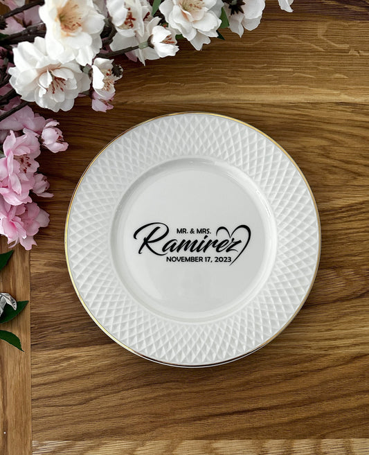 Personalized Porcelain Wedding Plate for Cake Cutting Serving Tasting Ceremony: Elegant Keepsake with Last Name Initials, Date, Mr Mrs Logo