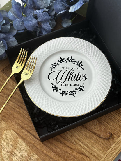 Personalized wedding plate with engraved cake forks Champagne dinnerware gift for bride groom Custom Mr Mrs anniversary birthday keepsake