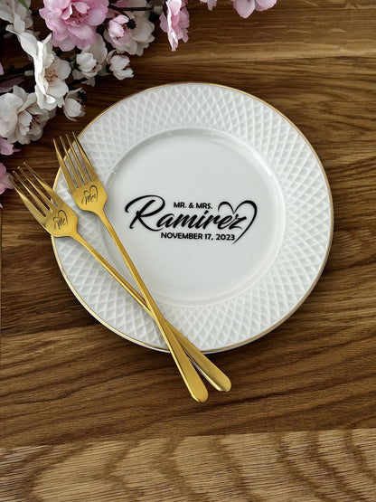 Personalized Wedding Cake Tasting Set: Engraved Gold Forks & Porcelain Plate