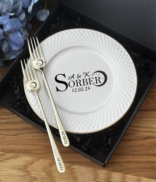 Personalized wedding plate with engraved cake forks Champagne dinnerware gift for bride groom Custom Mr Mrs anniversary birthday keepsake