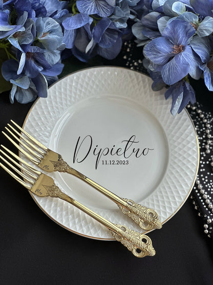 Personalized Wedding Plate & Gold Forks Set: Engraved Keepsake Gift