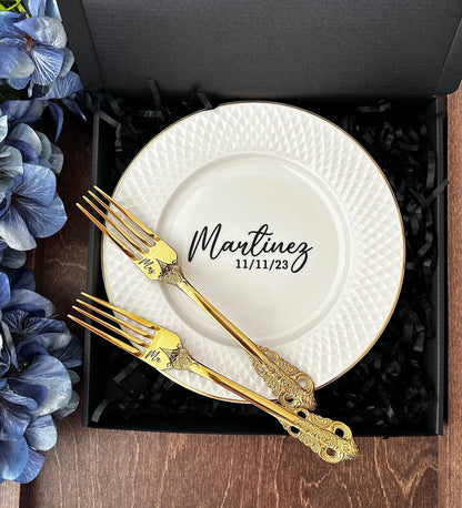 Personalized Wedding Plate & Gold Forks Set: Engraved Keepsake Gift