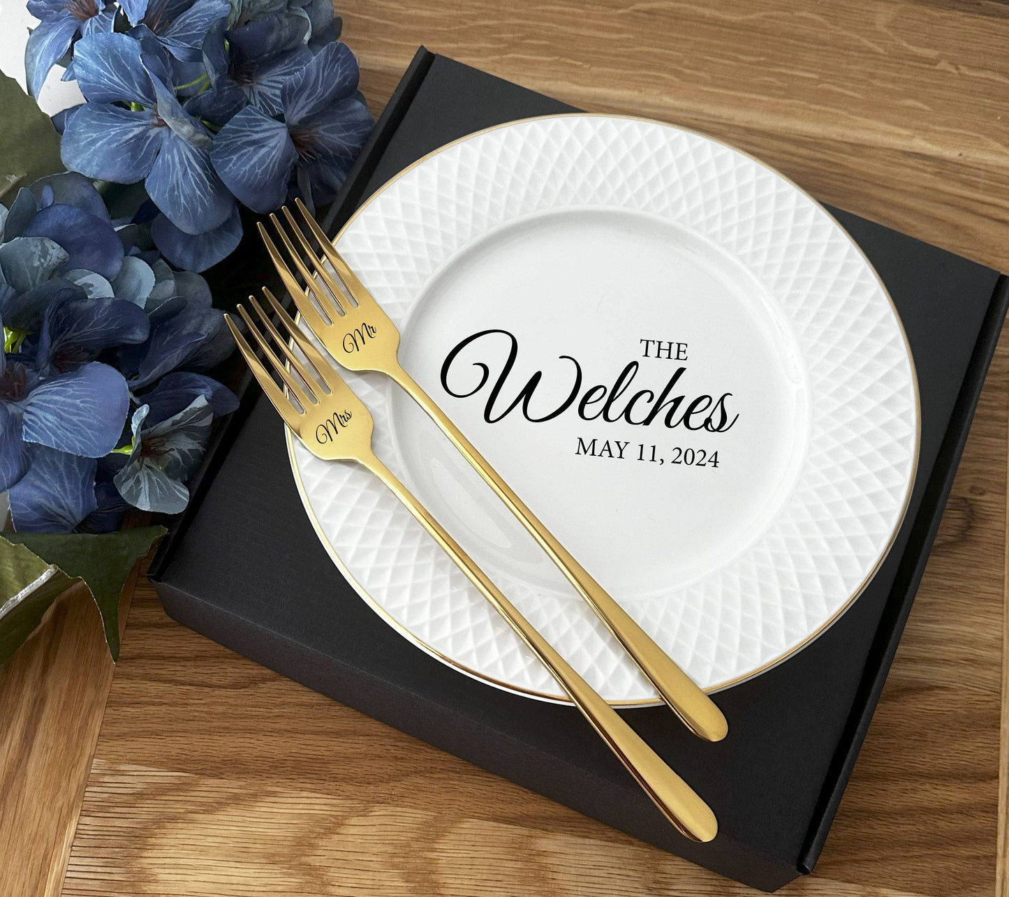 Personalized wedding plate with engraved cake forks Champagne dinnerware gift for bride groom Custom Mr Mrs anniversary birthday keepsake