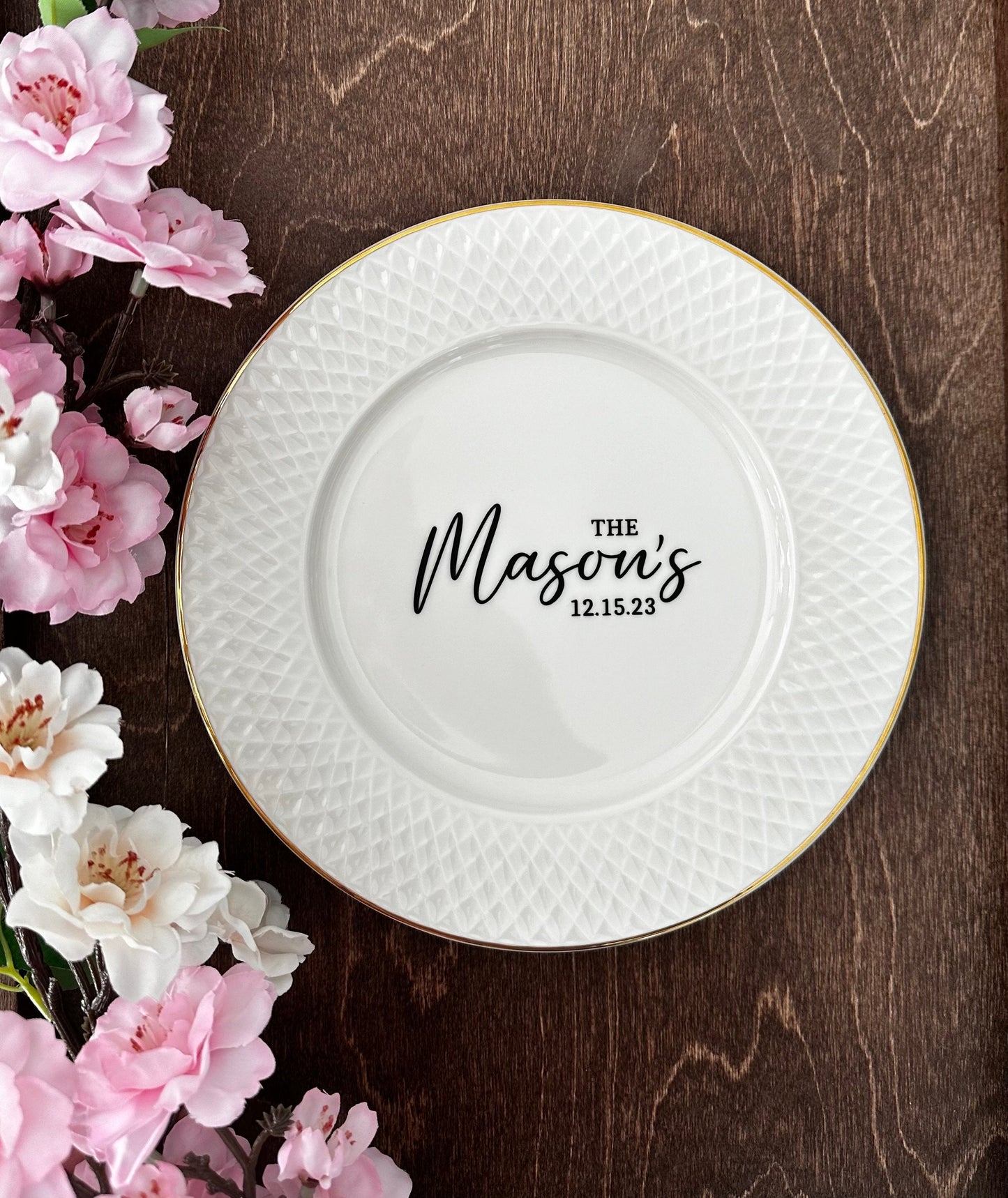 Personalized Wedding Plate & Gold Forks Set: Engraved Keepsake Gift
