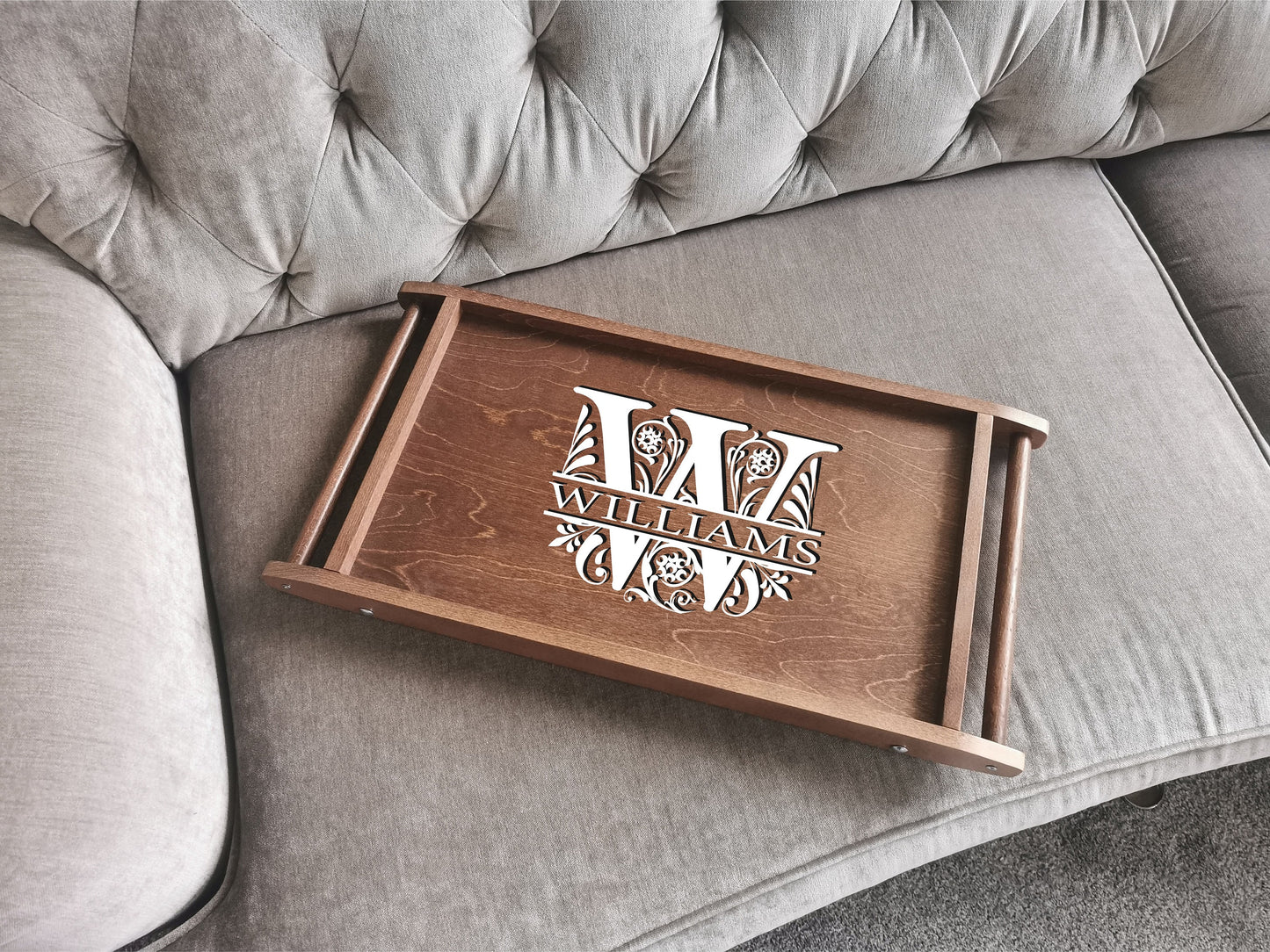 Personalized Breakfast Tray with Legs, Wooden Folding Laptop Desk with Engraved Name, Logo, Adjustable Bed Tray Table for Morning Coffee