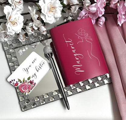 Personalized Name Engraved 8oz Flask Custom Stainless steel Hip Flask for Bride Bridesmaids Girlfriend Girls Wedding Birthday Party Souvenir