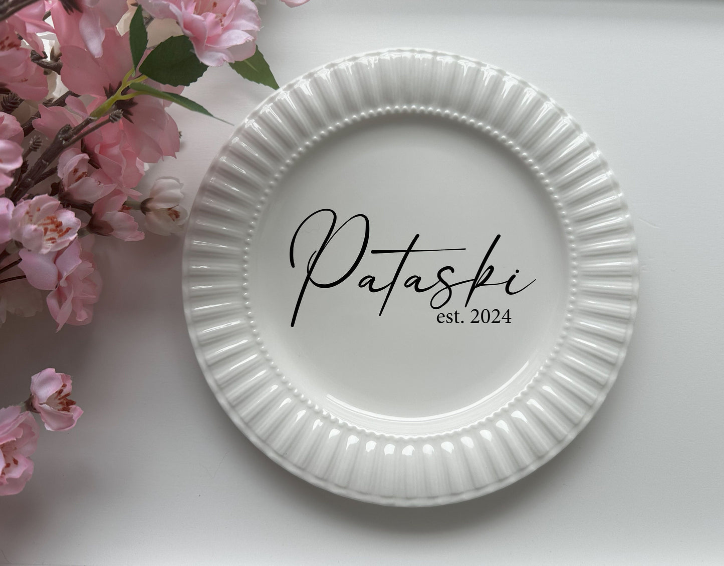 Personalized Anniversary Bridal Shower Keepsake for the Couple: White Porcelain Wedding Plate with Custom Names, Last Name, Wedding Date